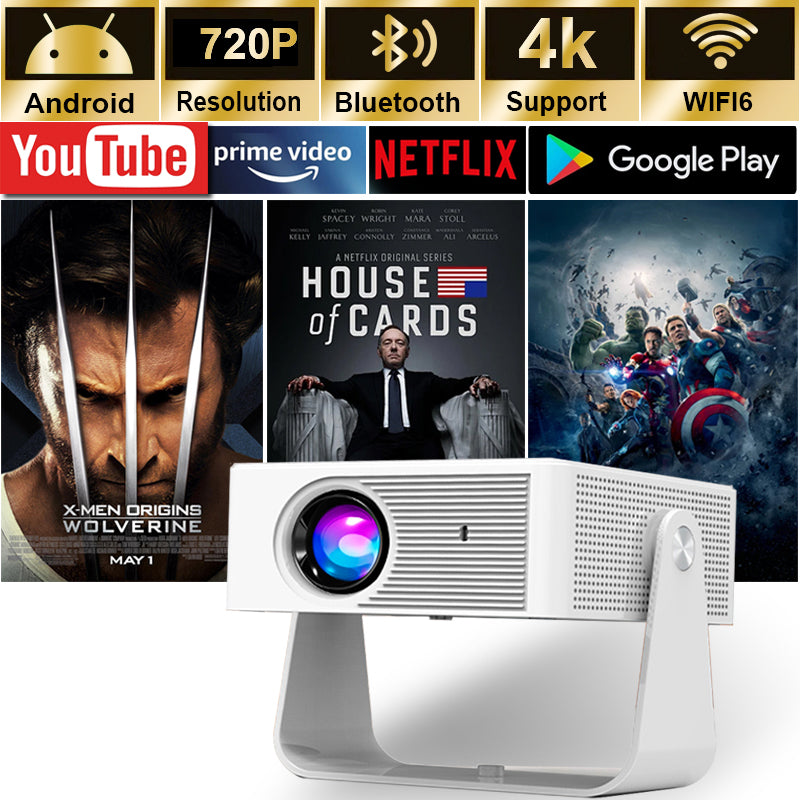 Smart Mini Projector - Native HD with 4K Support, Android 11, WiFi 6 & Bluetooth 5.0